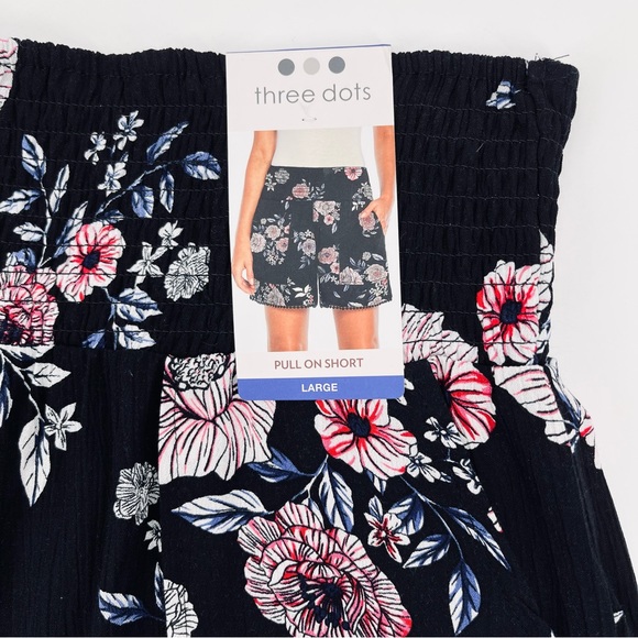 NWT Three Dots Black Hibiscus Floral Print Rayon Short - Picture 4 of 8
